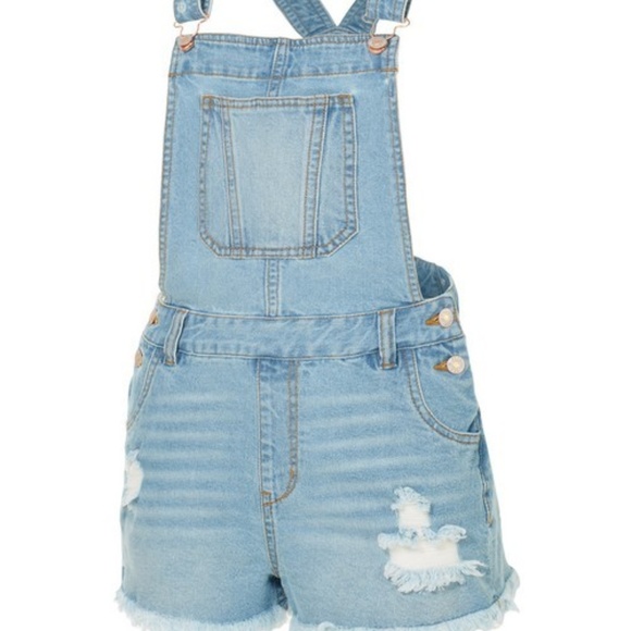 distressed Ripped Frayed hem denim overall shorts - Picture 2 of 8